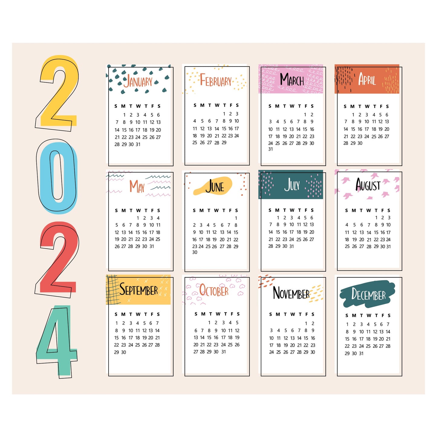2024 Calendar: Drawing Dry Erase - Removable Adhesive Decal