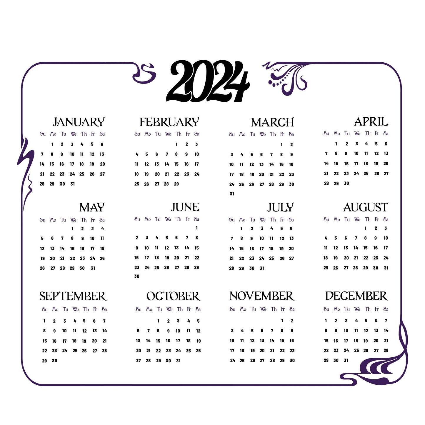 2024 Calendar: Fancy Dry Erase - Removable Adhesive Decal