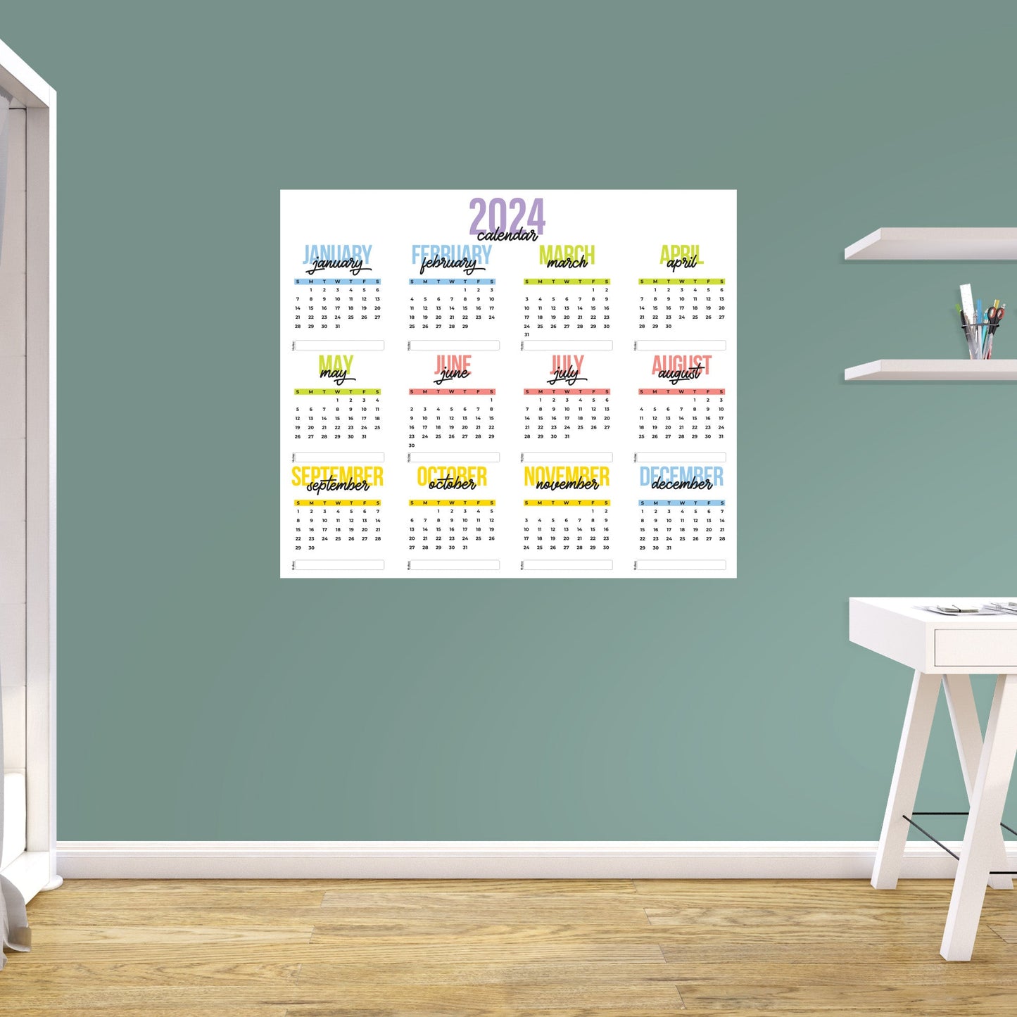 2024 Calendar: Colorful Dry Erase - Removable Adhesive Decal