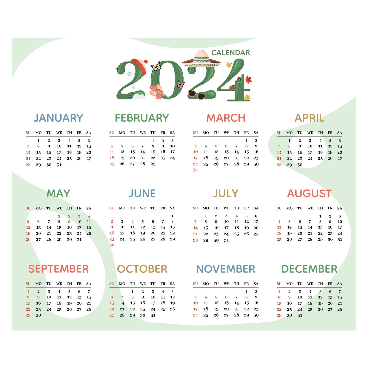 2024 Calendar: Cactus Dry Erase - Removable Adhesive Decal
