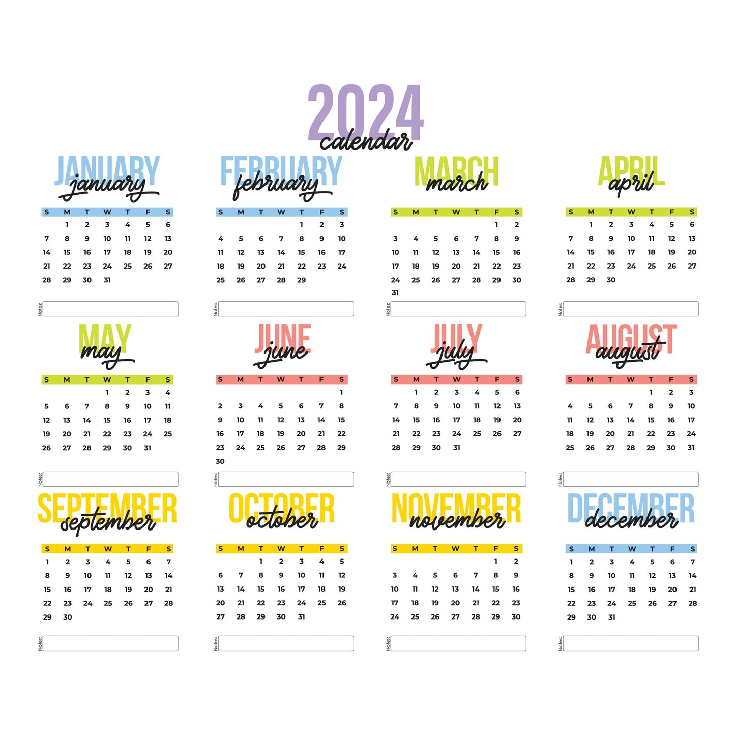 2024 Calendar: Colorful Dry Erase - Removable Adhesive Decal