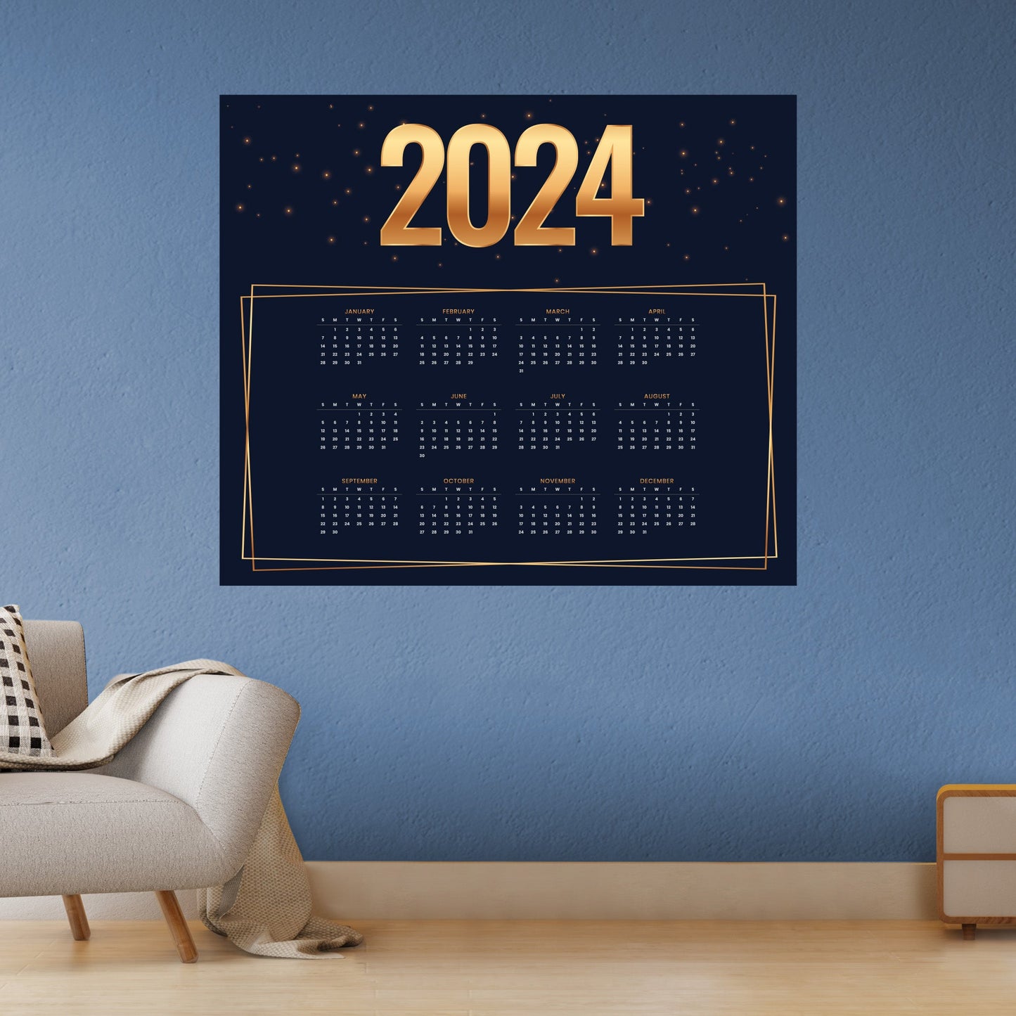 2024 Calendar: Golden Dry Erase - Removable Adhesive Decal
