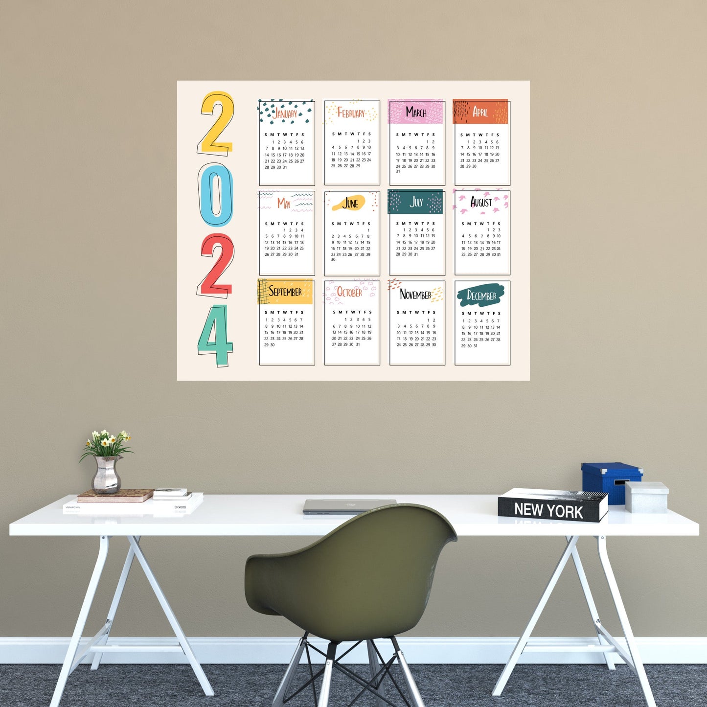 2024 Calendar: Drawing Dry Erase - Removable Adhesive Decal