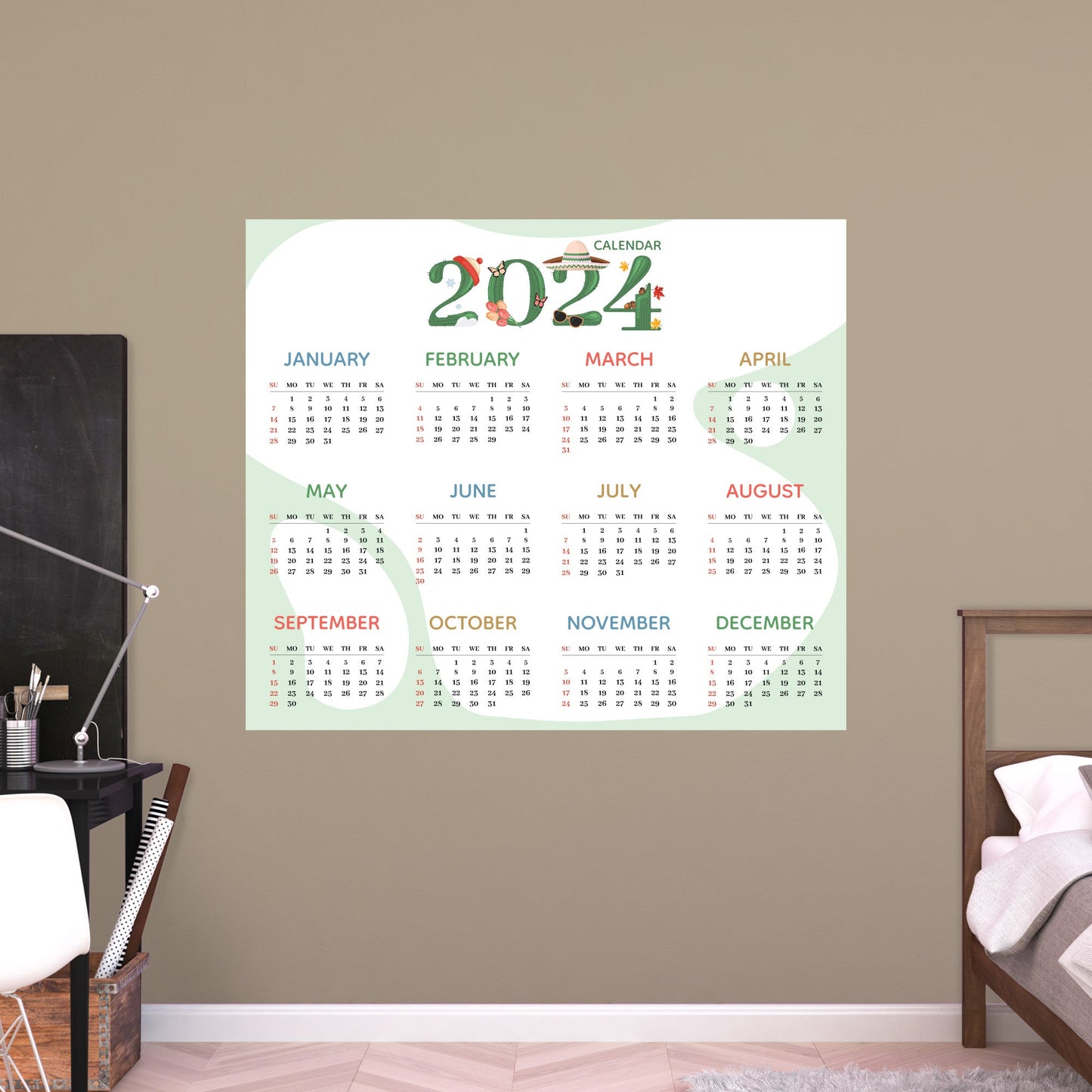 2024 Calendar: Cactus Dry Erase - Removable Adhesive Decal