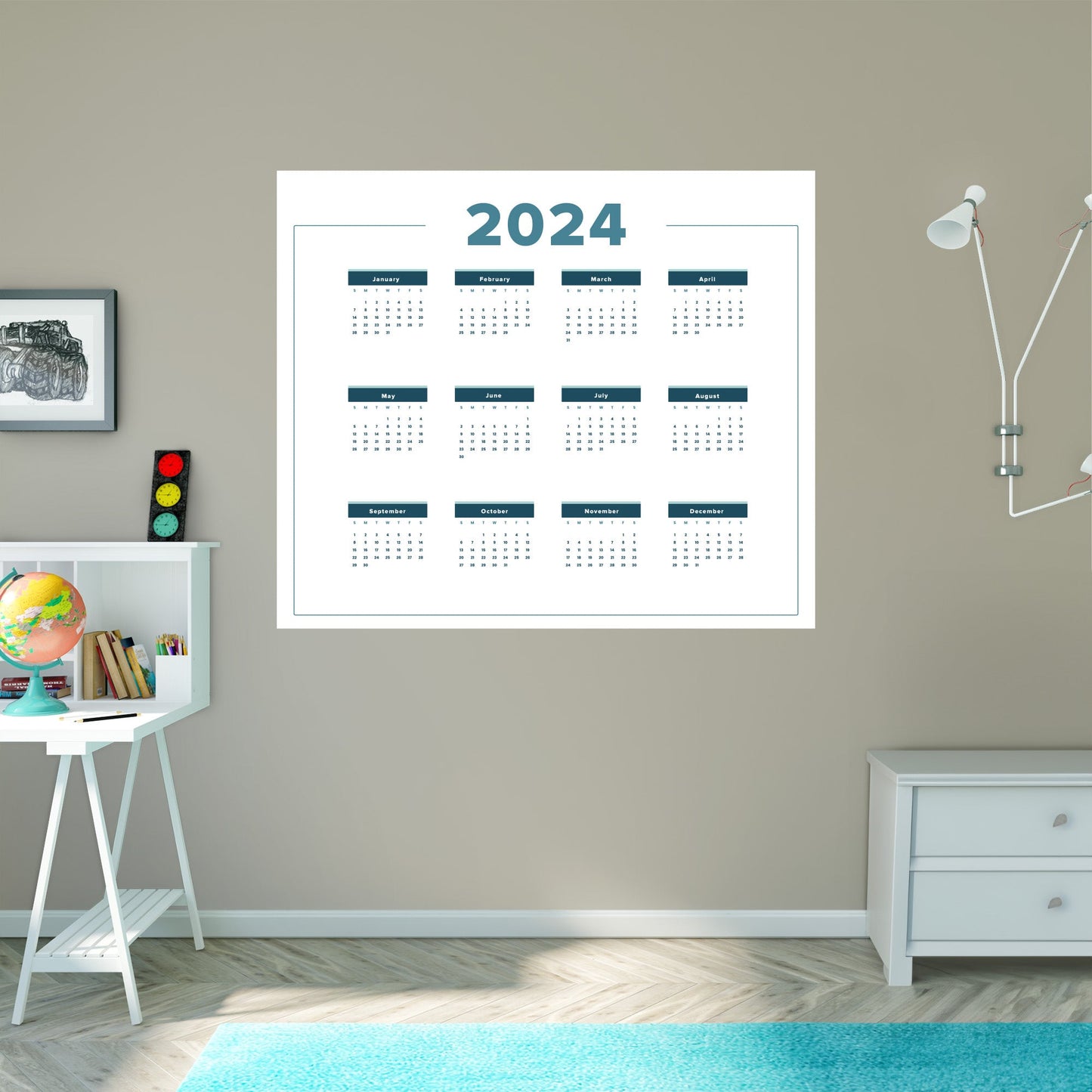 2024 Calendar: Touch of Blue Dry Erase - Removable Adhesive Decal