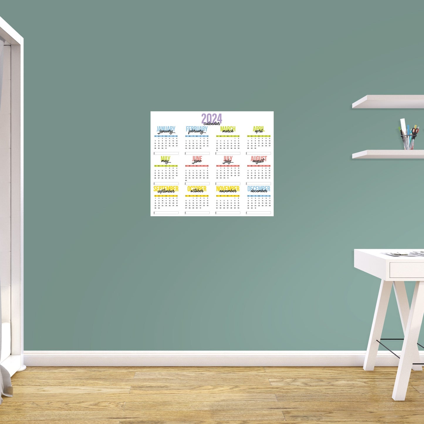 2024 Calendar: Colorful Dry Erase - Removable Adhesive Decal