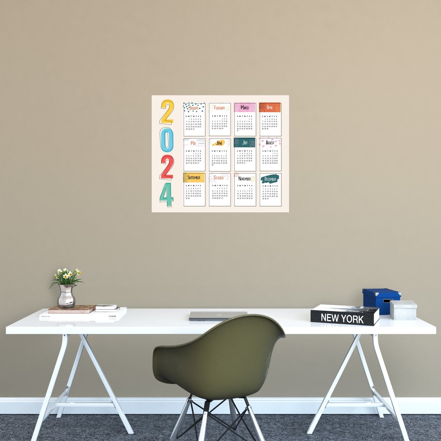2024 Calendar: Drawing Dry Erase - Removable Adhesive Decal
