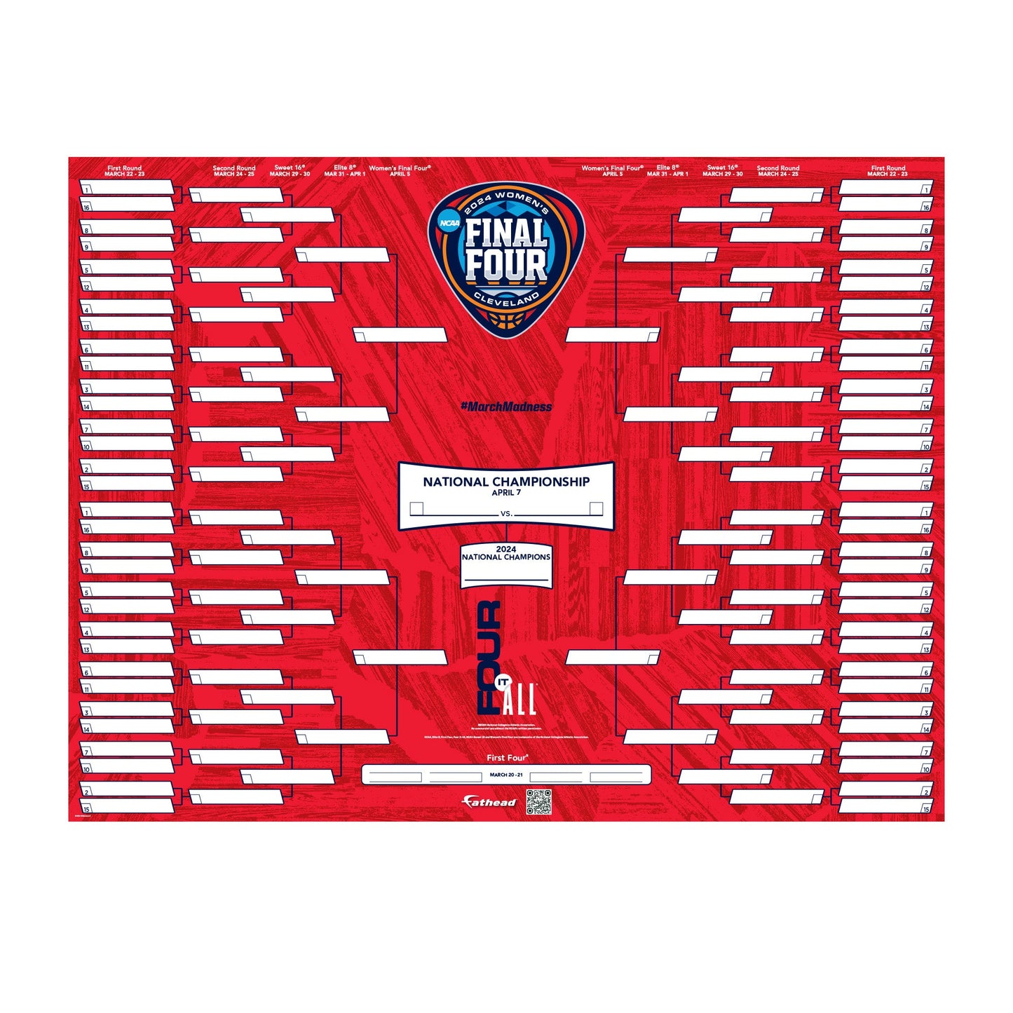 2024 Women's Basketball Dry Erase Bracket - Officially Licensed NCAA Removable Adhesive Decal