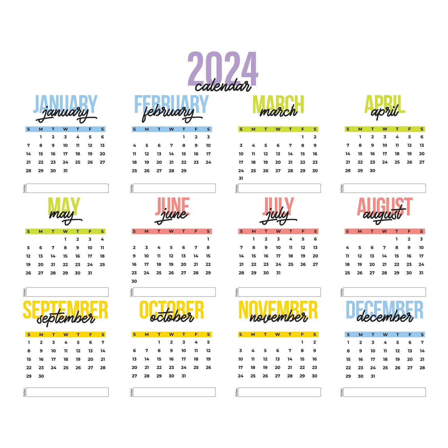 2024 Calendar:  Colorful Dry Erase        -   Removable     Adhesive Decal