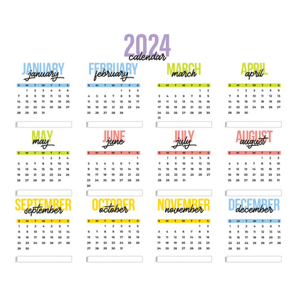 2024 Calendar:  Colorful Dry Erase        -   Removable     Adhesive Decal