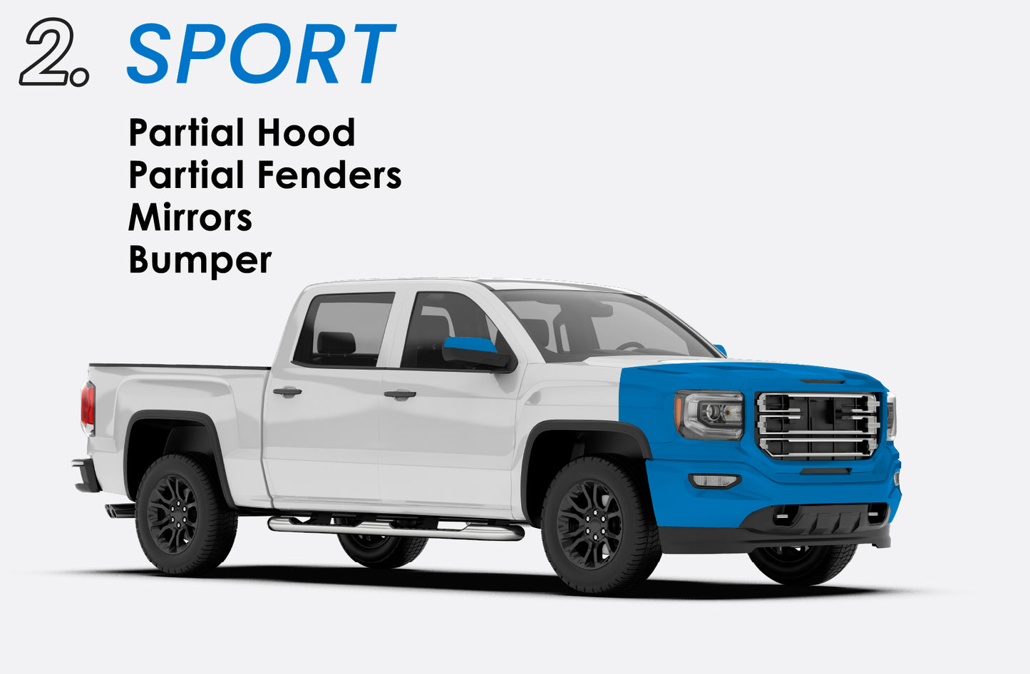 PPF Sport Package — Partial Hood · Partial Fenders · Mirrors · Bumper · Door Cups & Edges